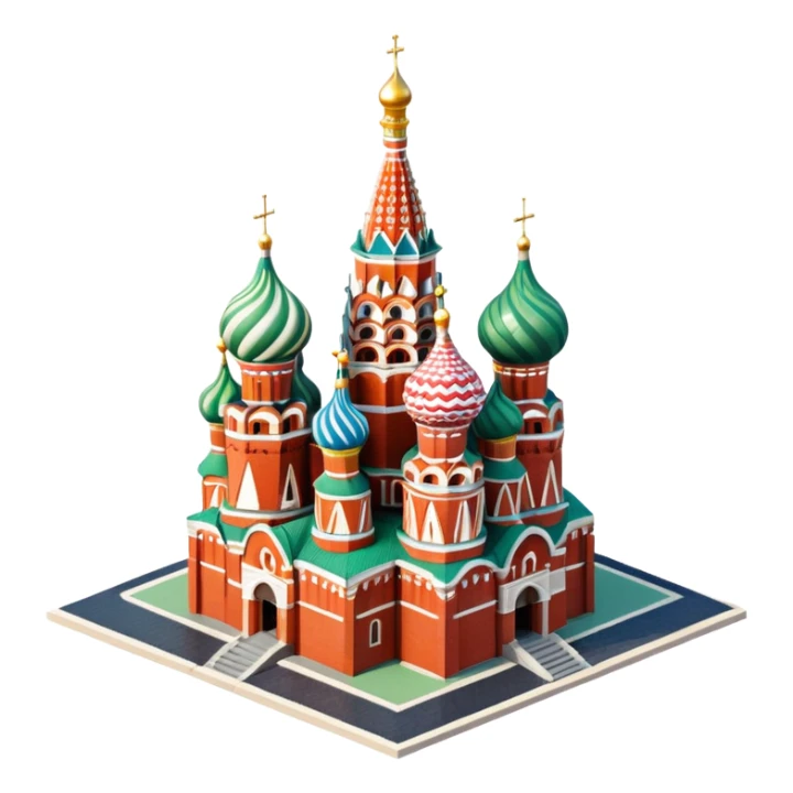 Isometric illustration of Moscow, featuring photorealistic Saint Basil's Cathedral with colorful onion domes, hand-drawn painterly details, subtle texture on bricks and roofs, realistic shadows and soft lighting, muted yet vivid color palette, diorama miniature effect. sticker