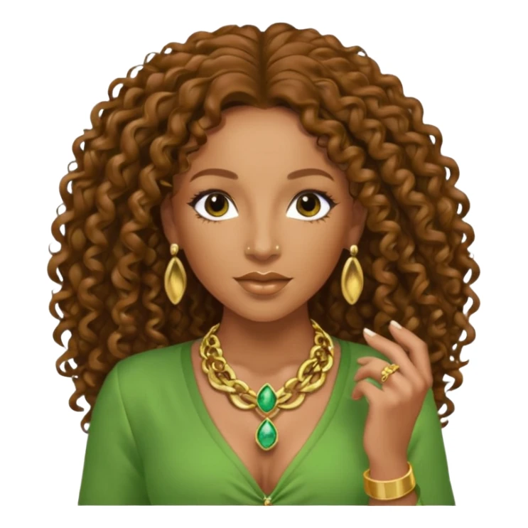 Mel B with brown long curly hair, green outfit sticker
