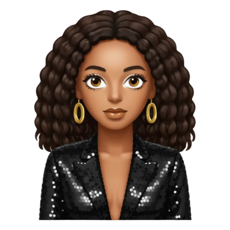 Solange with long dark brown hair, black sequin outfit sticker