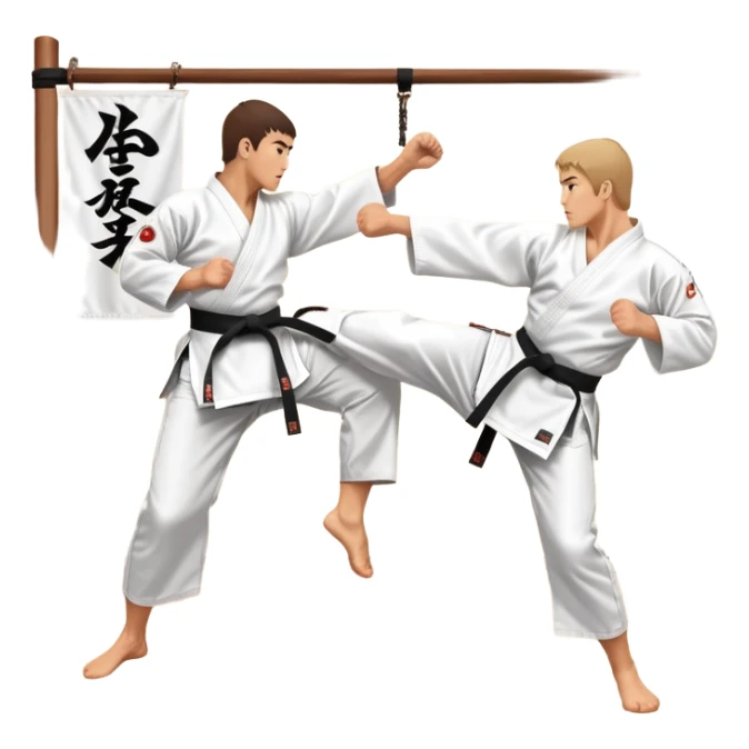 Two karate fighters in traditional gi sparring. One executes a high kick aimed at the opponent’s head, while the other blocks with a strong hand defense. The background features a classic dojo with wooden flooring and banners. Dynamic motion and focused expressions. Transparent background. sticker