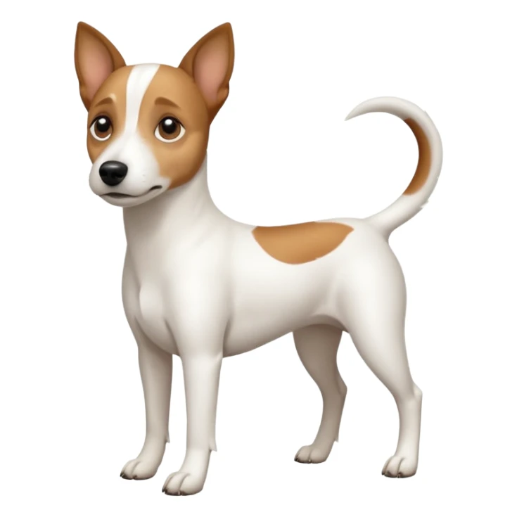 a full body white jack russel looking dog the size of a kelpie with light brown ears and a light brown patch on one eye, flopped down ears and a large snout sticker