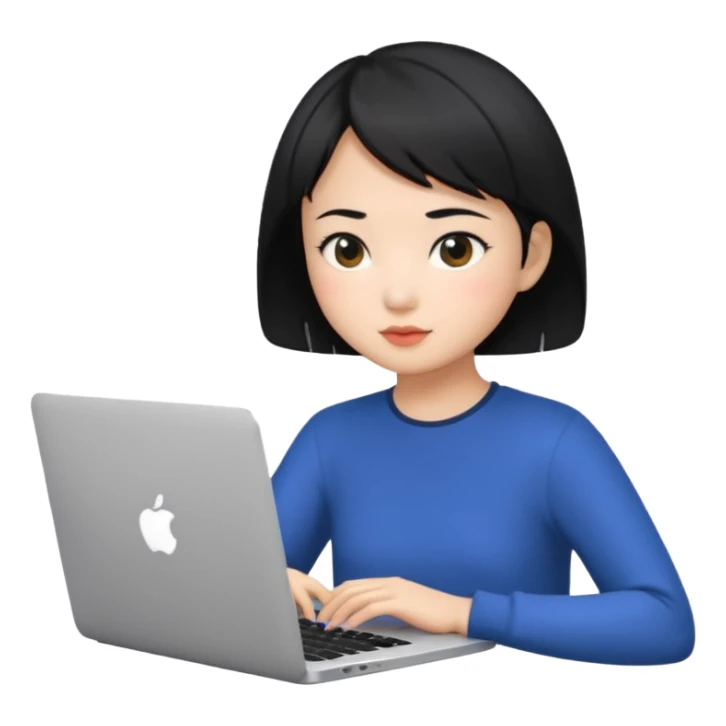 Asian girl with black short hair using Mac laptop sticker