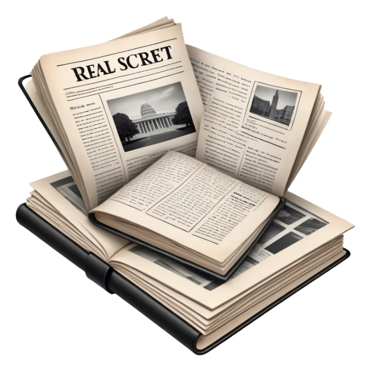 Icon for Non-Fiction & Narrative Reading: an open book with black-and-white photos on the pages, surrounded by a pile of newspaper clippings, and an open folder with top-secret documents. The icon should reflect the blend of real stories and facts in non-fiction literature. Transparent background. sticker