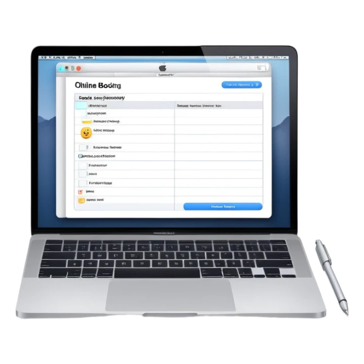 online booking system on MacBook screen next to an old-style paper notebook with a pen sticker