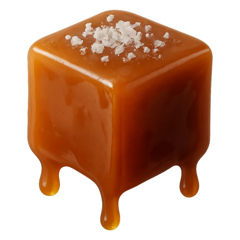 realistic cube-shaped caramel toffee piece, glossy, with drops of caramel dripping off, no face, no cartoon or drawn style, with a hint of sea salt on top sticker