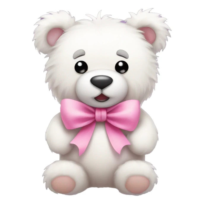 white fluffy teddy bear wearing a pink bow and holding a pink hart sticker