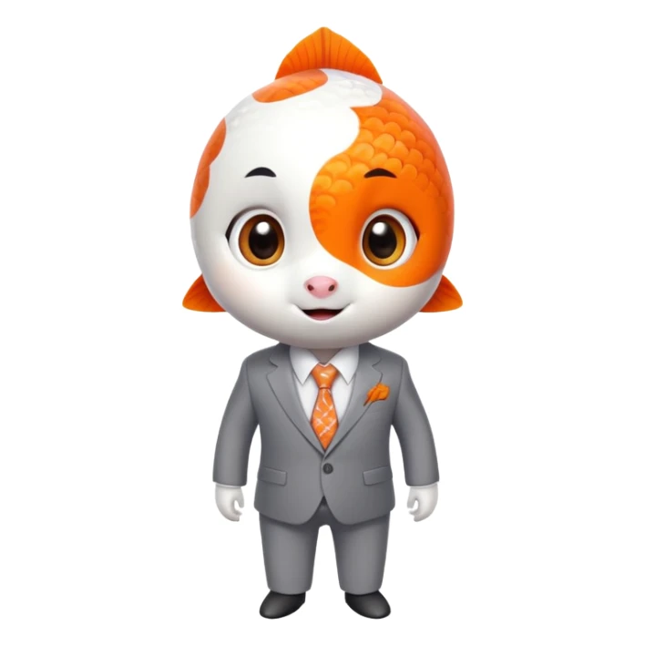A super cute and fun koi fish character with big anime eyes, rosy cheeks, playful smile, sleek rounded body with orange and white patterns, wearing a neat business suit, white shirt, and tiny tie sticker