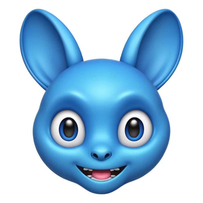 cute blue alien emoji with big floppy ears, sharp teeth, wide eyes, mischievous smile, fun, playful, friendly but a little wild, vibrant 3D emoji style, soft shading, bold outlines, round emoji head format, Apple or WhatsApp style sticker