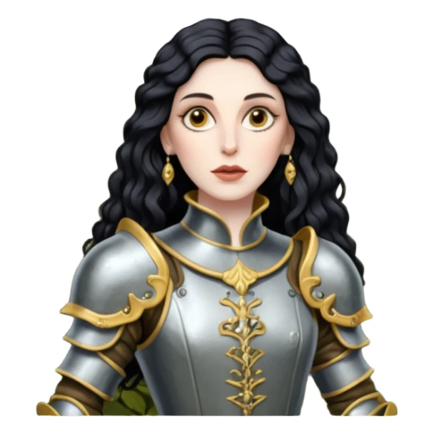 realistic cinematic actress Cher in baroque styling with dirty armor in a forest sticker