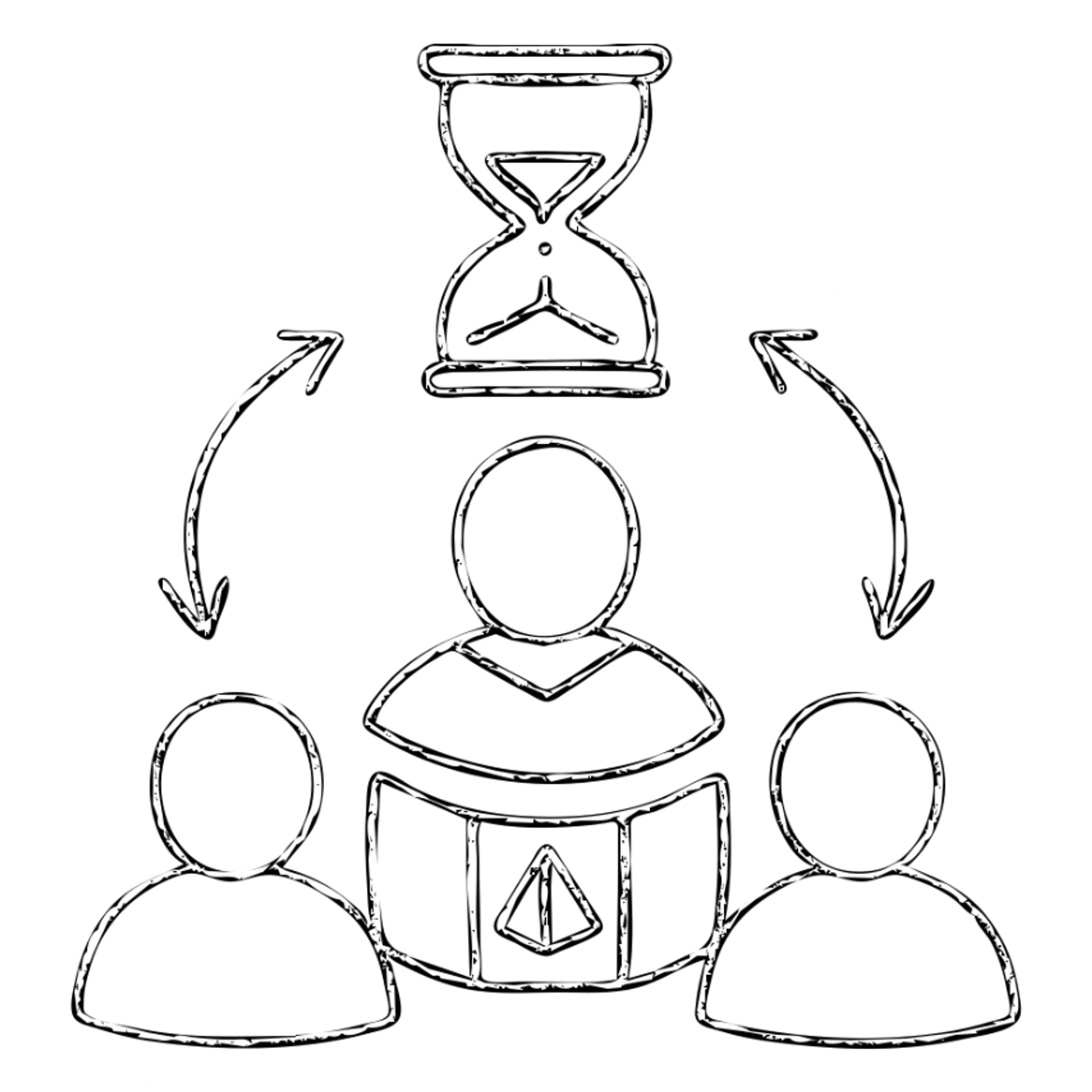 minimalist hand-drawn outlined icon of players and a game master collaborating, with a clock or hourglass representing a multi-day marathon, worn and distressed effect sticker