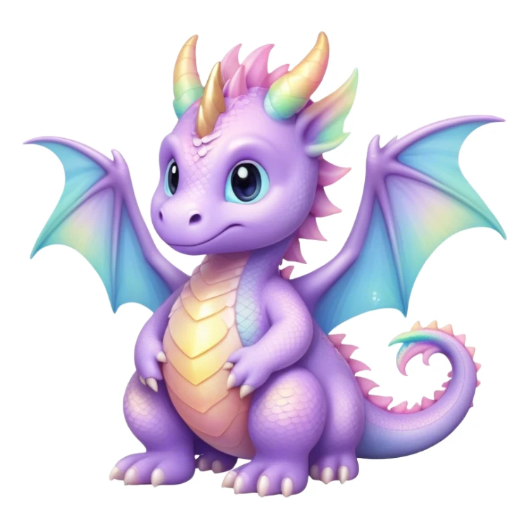 Cinematic fluffy pastel dragon, tiny round wings, chubby feet, sparkling gentle eyes, delicate glowing scales, soft colors blending magically, enchanting and whimsical. sticker