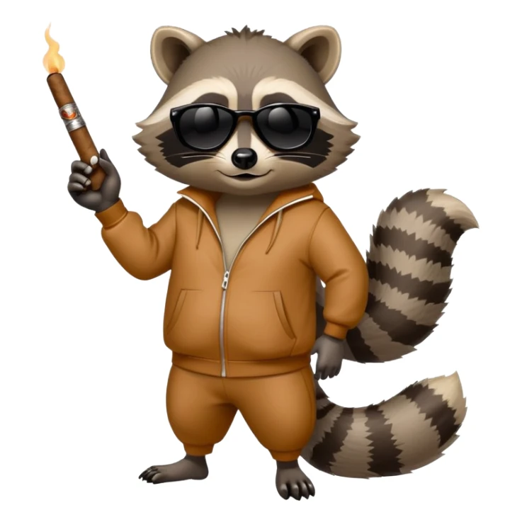 friendly anthropomorphised raccoon in a Sopranos-style mafia tracksuit, wearing dark sunglasses, holding a cigar, confident pose sticker