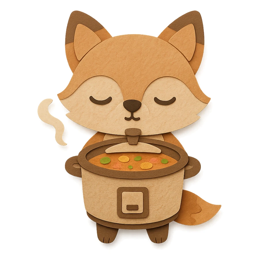 chibi slow cooker fox simmering soup, cute sleepy expression, soft beige, full-body sticker