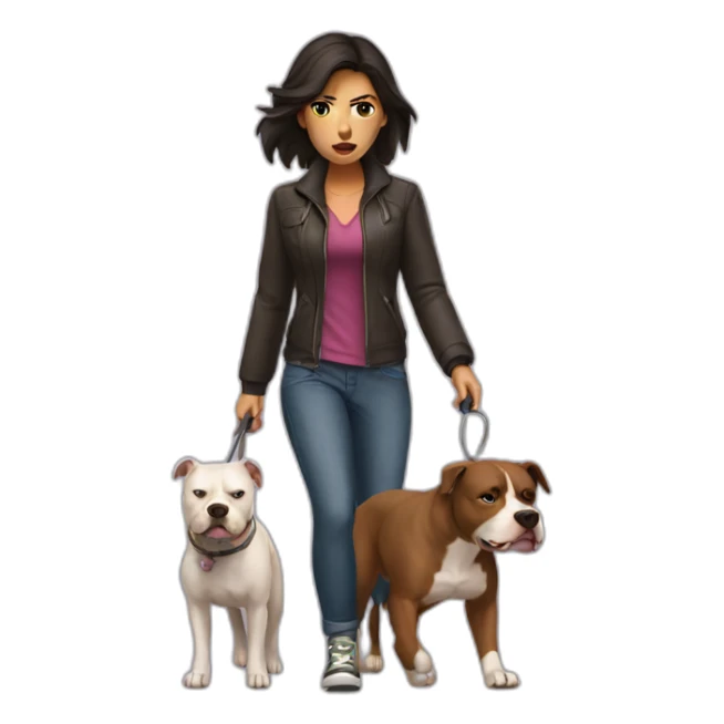 a woman with dark hair is angry and walks with a pitbull sticker