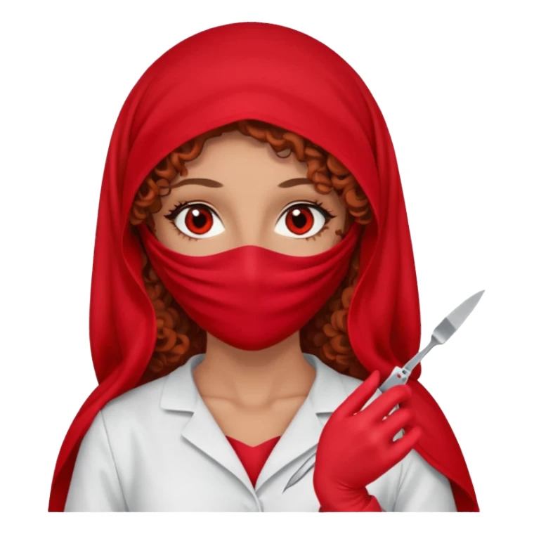 Lilith scalpel in hand, evil surgeon sexy surgeon clothes.  She has red eyes. She brown long curly hair. Wears sexy doctor outfit with red gloves. Covers mouth neck and nose with red burka to hide her identity sticker