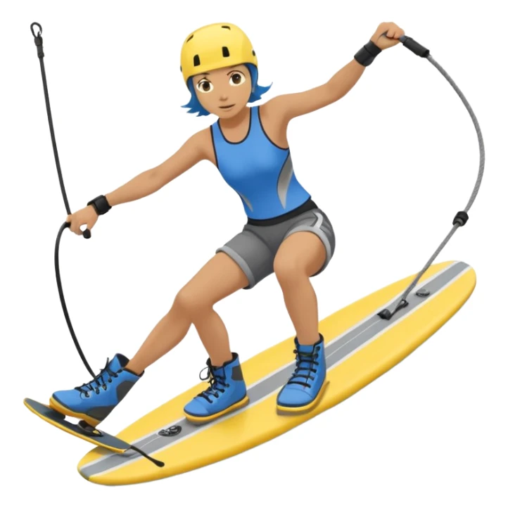 A person wakeboarding with one leg forward, the other bent for balance, leaning slightly back while holding a tow rope. Wearing a blue top, black shorts, gray boots, on a yellow board with small water splashes below. sticker