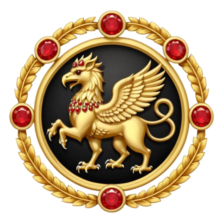 Golden griffin crest / brosch in a circle with red gems and no background sticker
