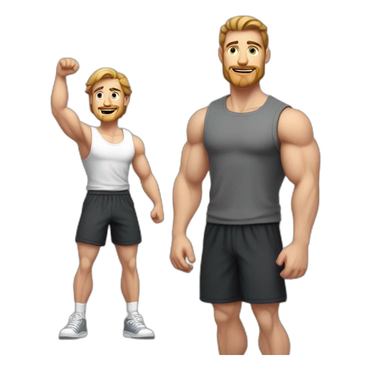 Full height Actively gesturing with hands Pale skinned Fit Man With the biceps and brown hair in dark gray Sleeveless Mike, black oversize sports shorts, watch and white Sneakers sticker