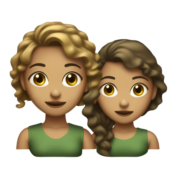 two headed girls (joint by the head) One  with light olive skin, with short golden brown hair and green eyes. The other on the right darker brown hair nearly black with wavy hair and bown hazel eyes with farier olive tanned skin to the girl on thelef sticker