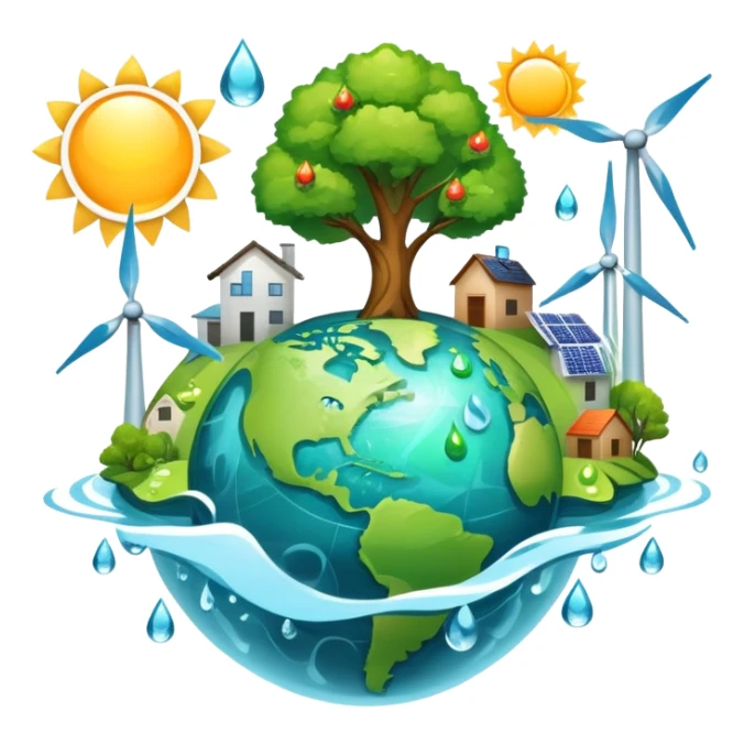An icon featuring a green Earth, a tree, recycling symbols, and renewable energy sources like wind turbines, solar panels, and hydropower. The design includes animals, water droplets, and the sun, representing ecology, sustainable energy, and environmental protection. Transparent background. sticker