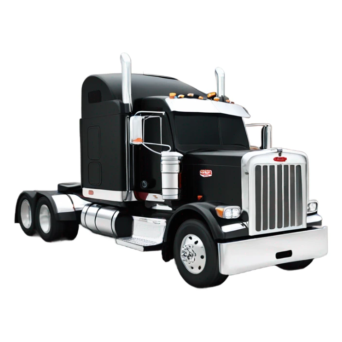 Peterbilt 389 black with red frame with flat top and slash cut exhaust stacks and dual rear tires and flat bumper sticker