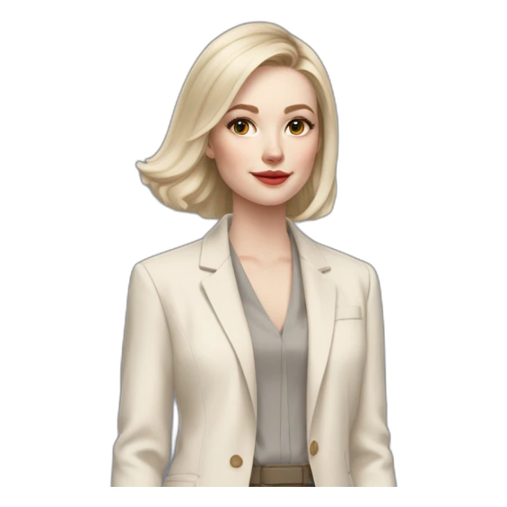 pale skin woman with ash blonde Straightened bob Hair, White Spacious classical jacket, beige palazzo Arrow pants and gray blouse holding RAL colour palette in the hands sticker