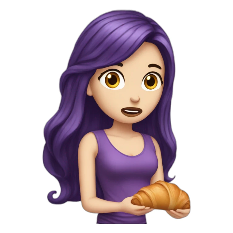 white girl long deep purple hair upset eating croissant sticker