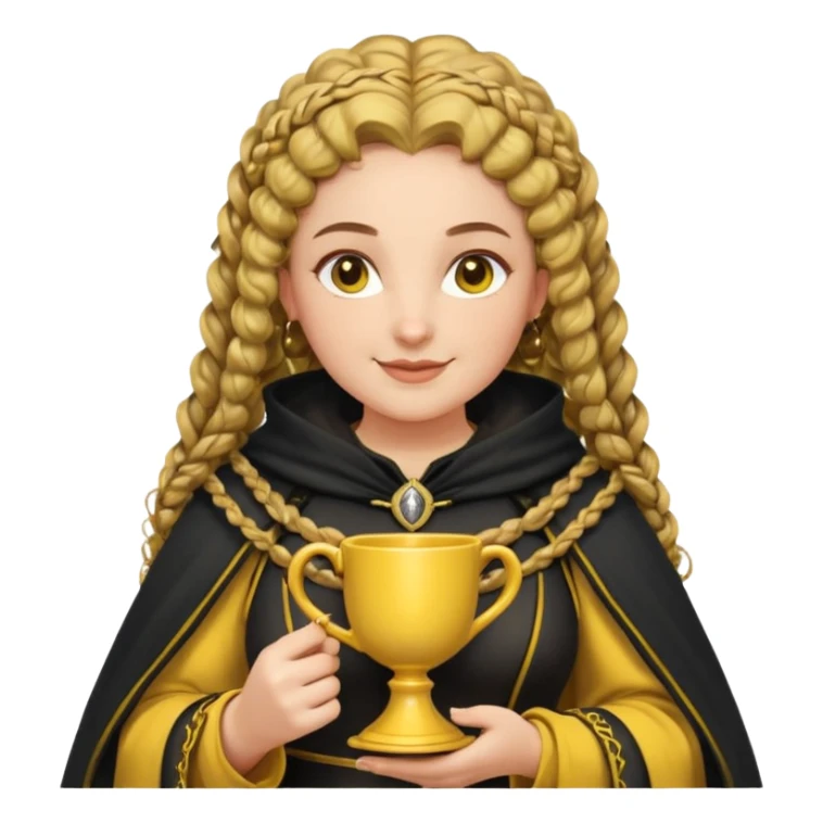 Helga Hufflepuff, 2 curly thick brown braids, yellow-black medieval dress, black cloak decorated with gold braiding, tiny two-handled shiny yellow-gold cup, very kind smile, curvy busty sweet woman, thick rosy cheeks sticker