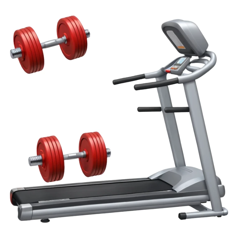 Two heavy dumbbells side by side in front of a treadmill sticker