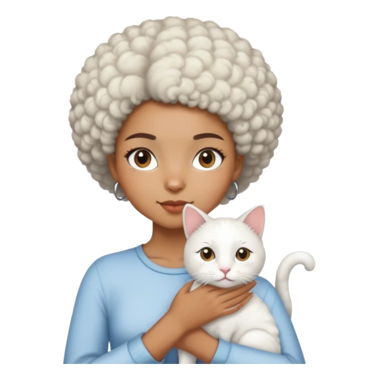 a mixed-race girl with a short afro carrying an all-white cat. sticker