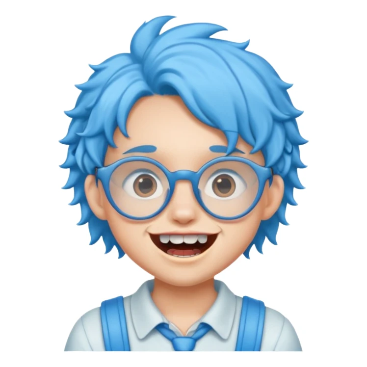 kid with teeth braces bunny eared blue haired curly big teeth and glassess sticker