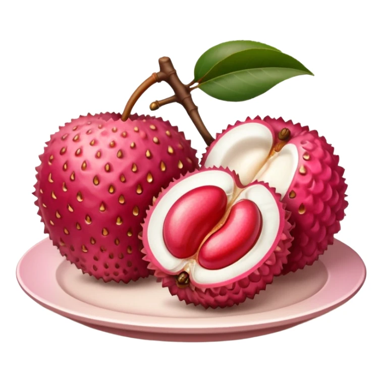 one whole lychee with rough, bumpy pink-red skin and a second one peeled open to show glossy white flesh and smooth brown seed inside, juicy translucent texture, soft lighting, subtle shadows, subtle highlights, no leaves, plate, or extras, apple emoji style, emoji scale sticker