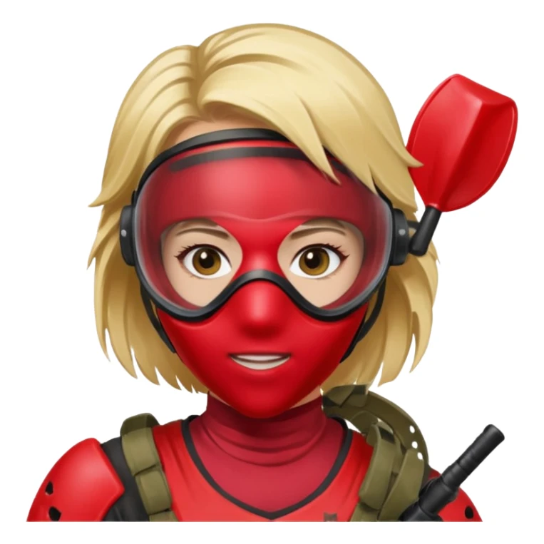 blond girl playing paintball with red paintball face mask sticker