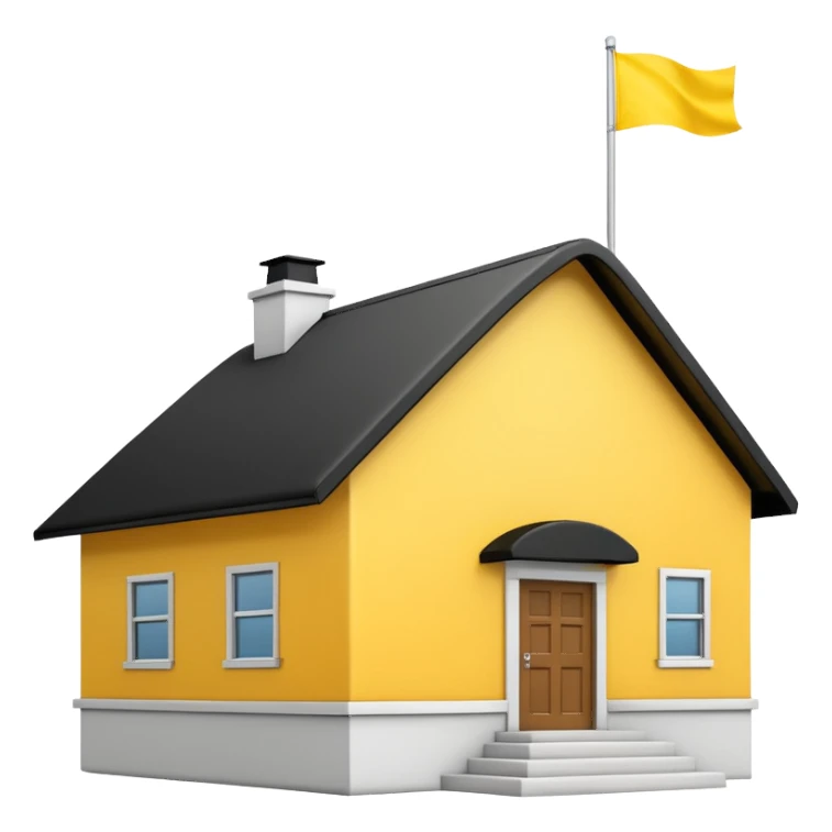 simple school, white background, magic school, black roof, with a big flag, big flag on a roof, big yellow flag, white school sticker