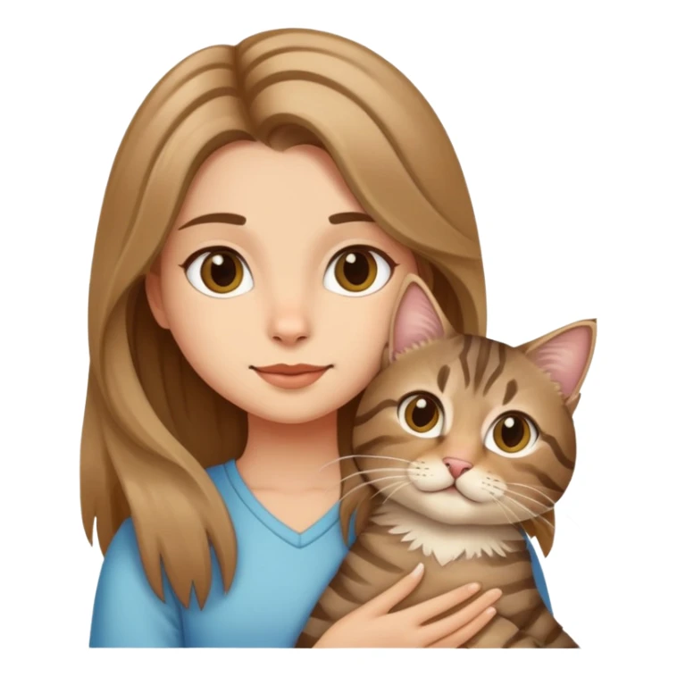 A girl holding a long-haired tabby cat and a tabby cat sticker