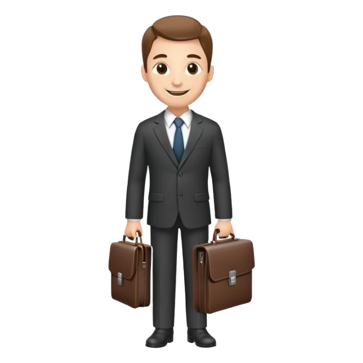 classic salesman with a suit and tie, smiling, holding a briefcase sticker