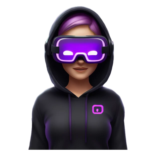 Russian girl wearing black hoody with violet letters "OMG", in vr headset oculus quest2. No eyes on headset. Cyberpunk style. Violet neon. sticker