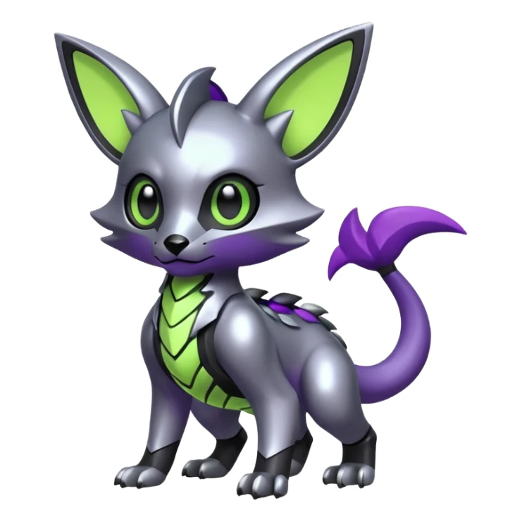 Futuristic modern Cute cool shiny metallic alloy silver-grey-black-obsidian purple neon-green white lime animal hybrid Fakemon full body sticker