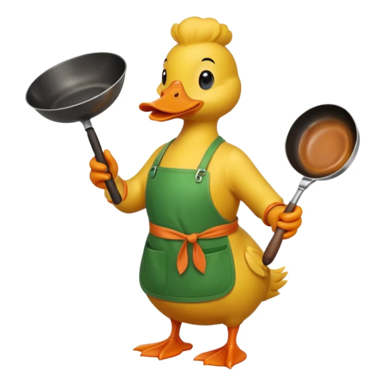 A duck holding a frying pan with vegetables, wearing green apron sticker