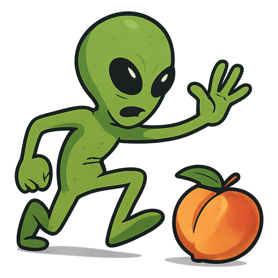 funny green alien with a raised hand, about to smack a peach, dynamic pose sticker
