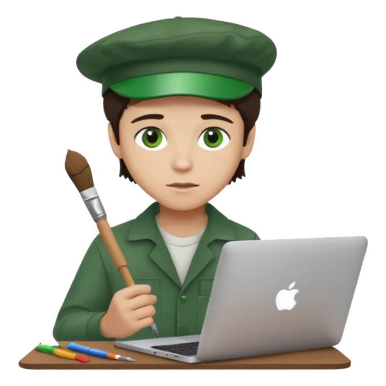 boy working in Macbook, him hat same like painter artist, eyes green color, color hair dark brown sticker