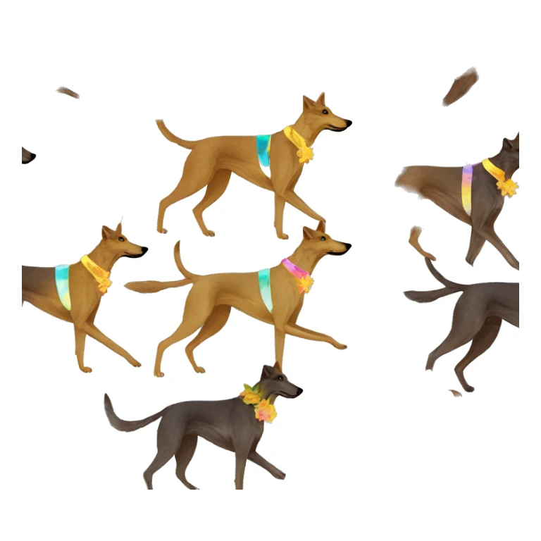  brindle brown black maroon gold lurcher Alsatian fox running blue eyes and iridescent holographic oilslick harness wearing paper iridescent tropical flower crown yellow caution tape sticker