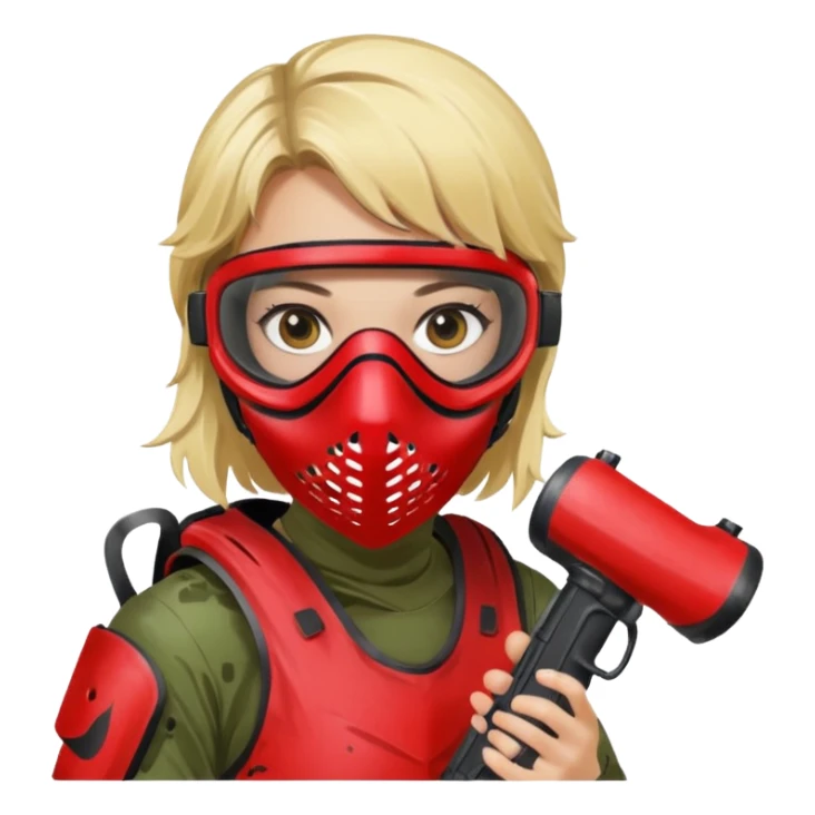 blond girl playing paintball with red paintball face mask sticker