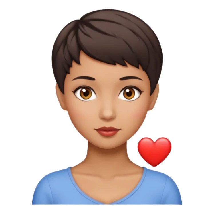 woman pixie cut dark brown hair, tan skin, brown eyes, heart shaped face sticker