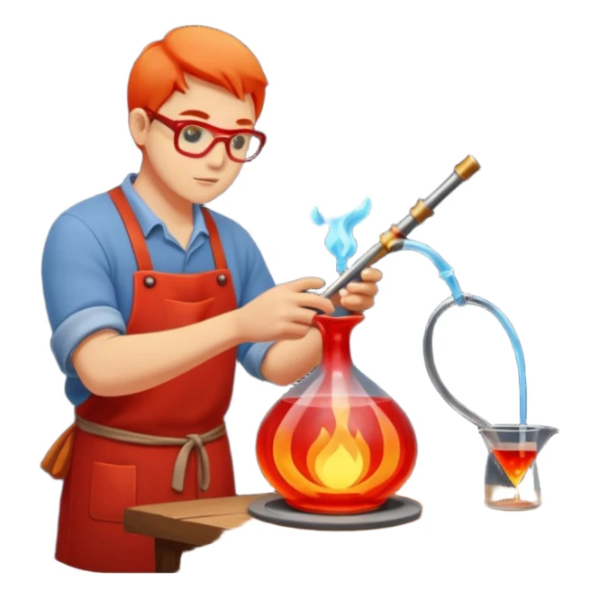Glassblowing and casting icon, artisan shaping molten glass with a blowpipe, glass being poured into a mold, glowing red-hot glass, delicate patterns, minimalistic style, clean lines, transparent background. sticker