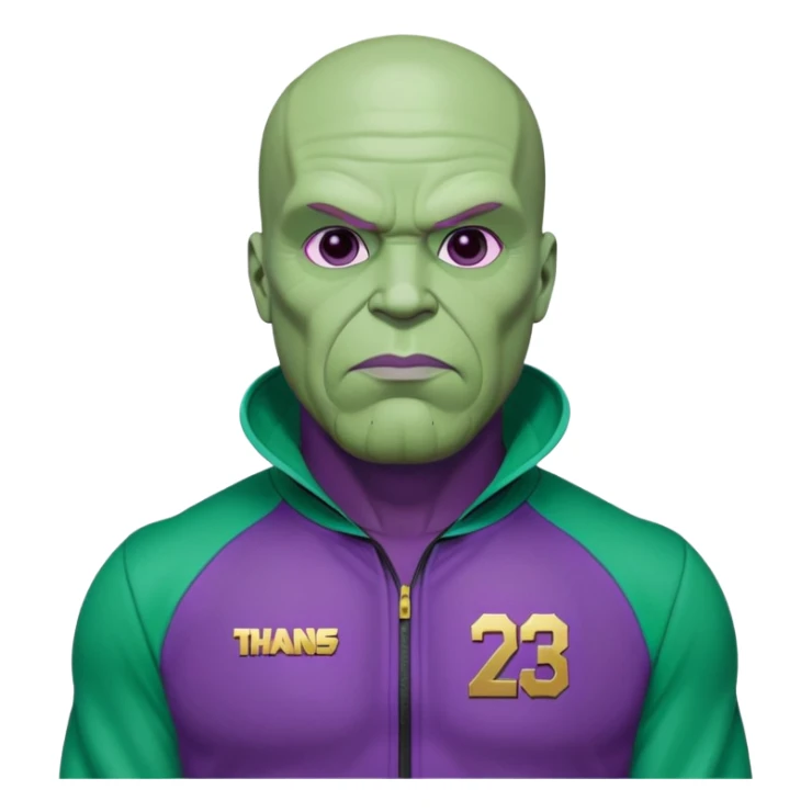 purple-skinned Thanos wearing a green Squid Game player tracksuit with number 230 sticker