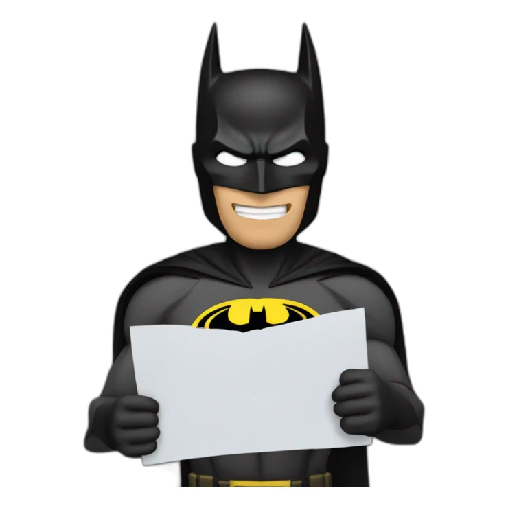 The image depicts a cartoon character dressed as Batman, holding a blank piece of paper. The background is black. sticker
