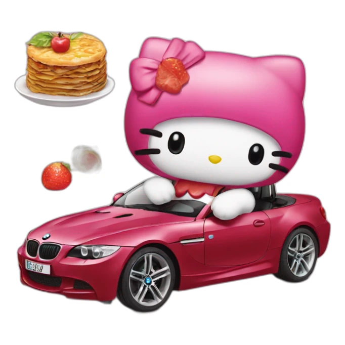 hello kitty in a bmw with turkish food sticker