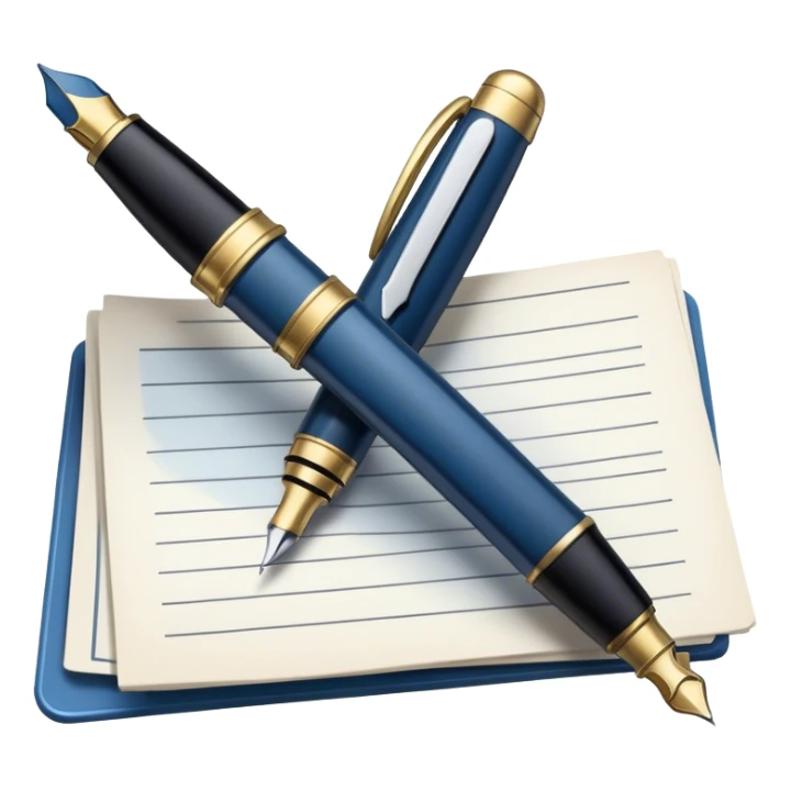 Create an emoji representing journalism and publicistic writing. The design should feature an open newspaper or a stack of articles with visible text columns, symbolizing opinion pieces and analysis. A classic fountain pen or ballpoint pen should be placed near the papers, indicating the act of writing. Optionally, include a small microphone or a press badge to emphasize investigative and journalistic aspects. Use neutral and professional colors like black, white, and muted blue or red. Do not include any emojis or smiley faces. Make the background transparent. sticker