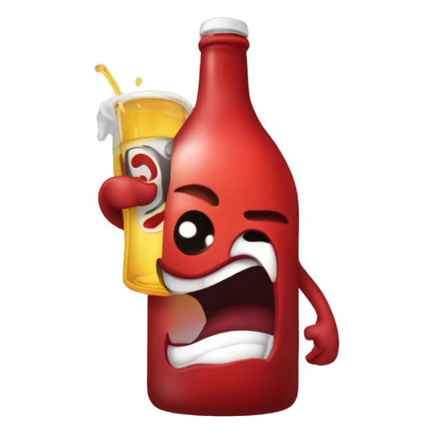 A red hearth with eyes, a mouth, and hands, looking tipsy, holding a drink bottle, with a playful, drunken expression sticker